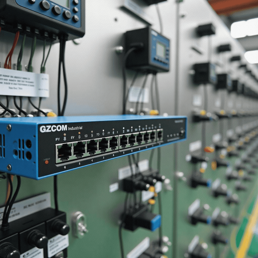 GZCOM Industrial 8 ports PoE Switch installed in a factory