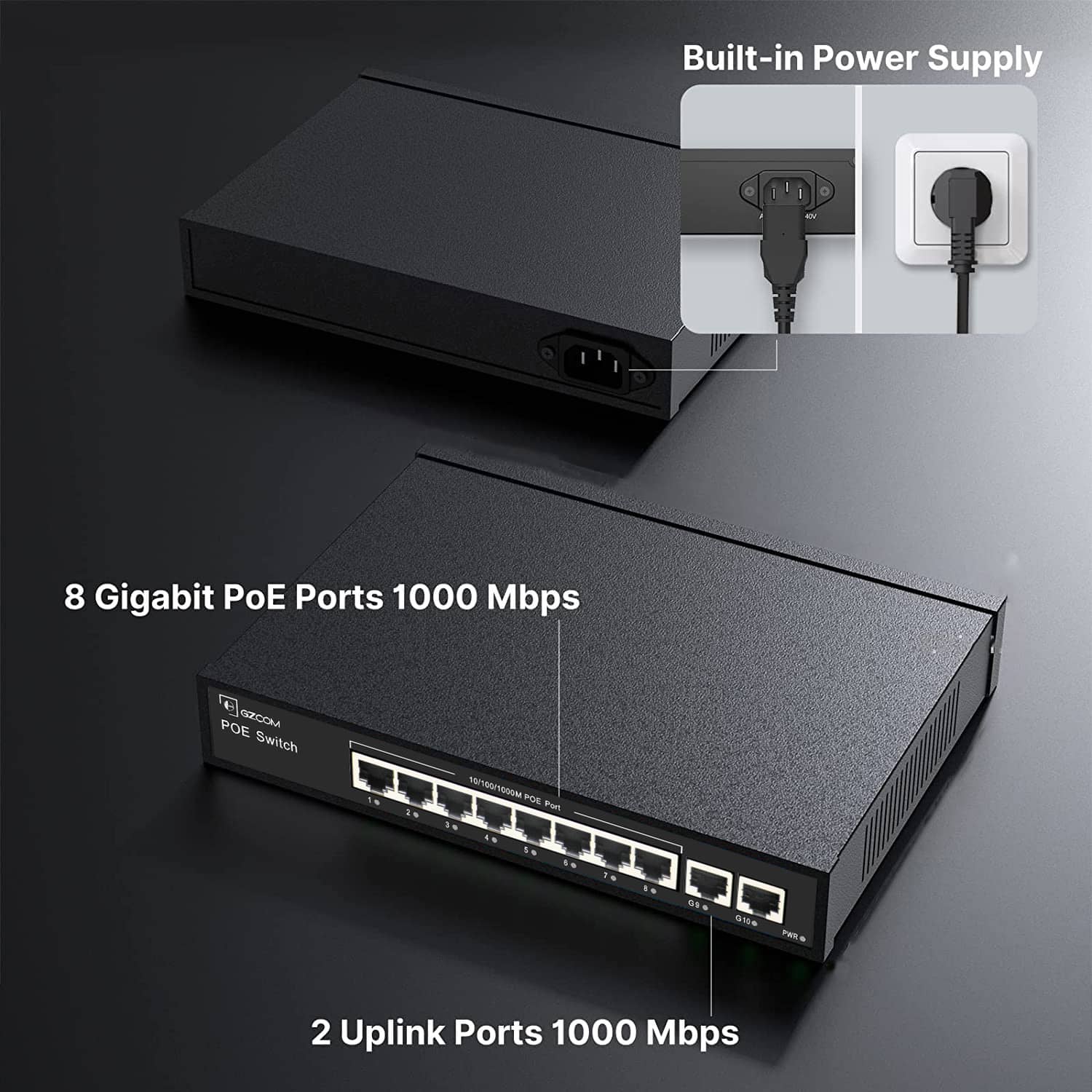8 Port Gigabit Unmanaged PoE Switch with 2 Gigabit RJ45 Uplink Ports
